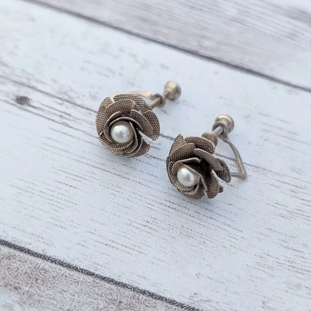 Vintage Screw Back Earrings Brass Tone Flower - One is Bent
